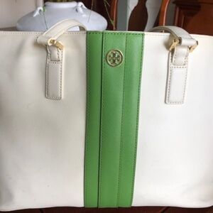 Tory Burch Robinson White Green Stripe Tote Bag